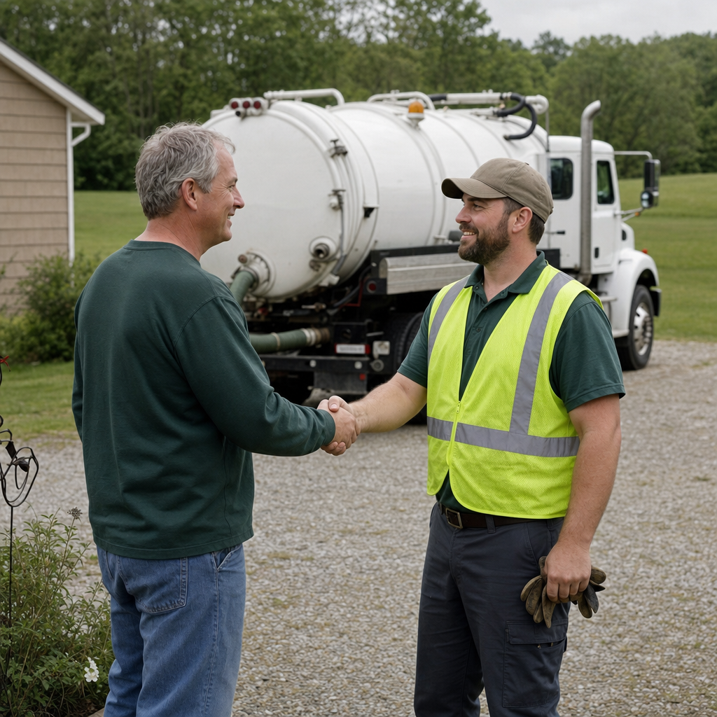 A septic technician shaking a Huntington Beach homeowner's hand beside the service truck after a completed pump-out