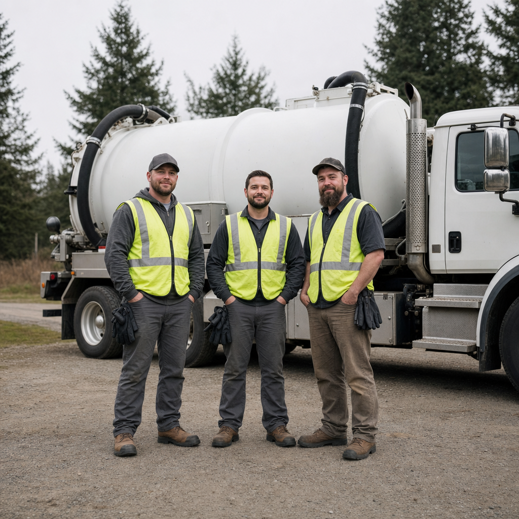 The Huntington Beach septic pumping crew standing together beside their clean white vacuum truck on a residential street