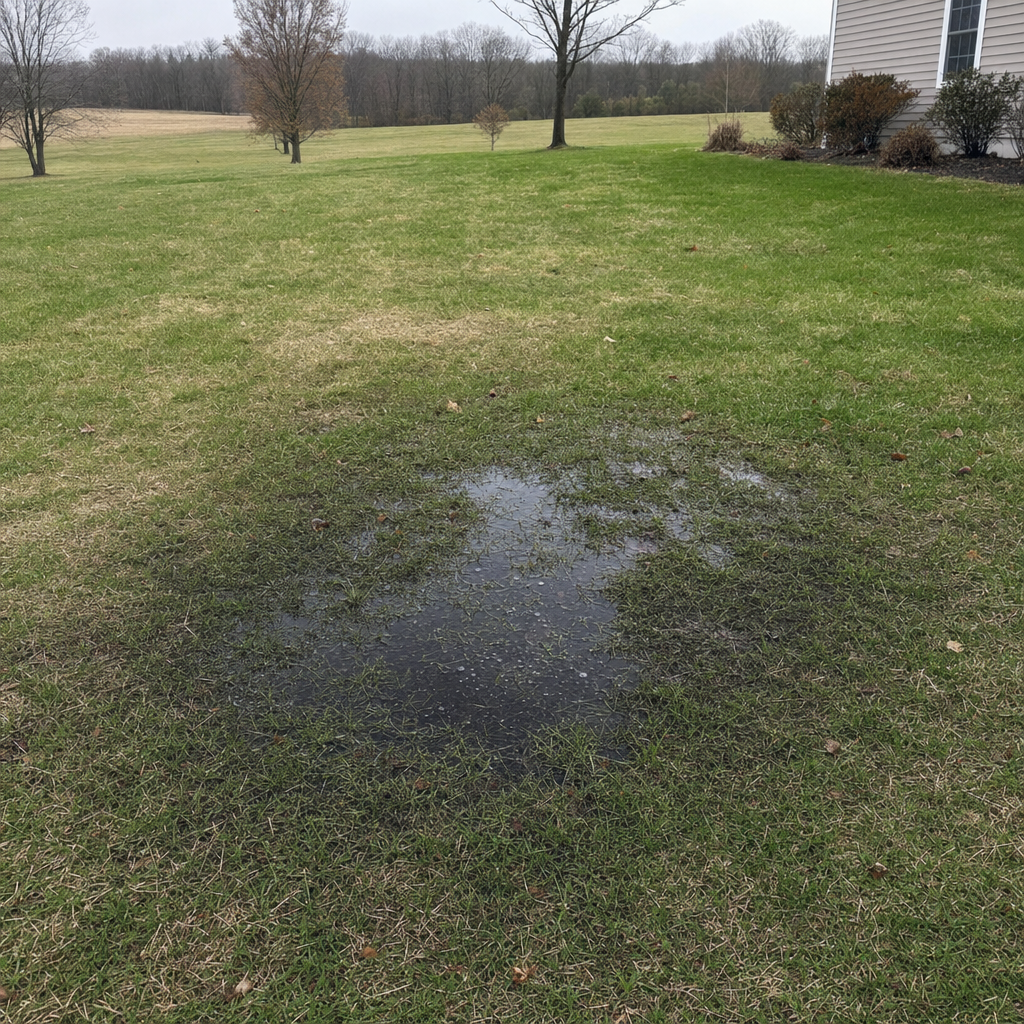 A dark, saturated wet spot in a Huntington Beach backyard lawn marking a failing cesspool at capacity