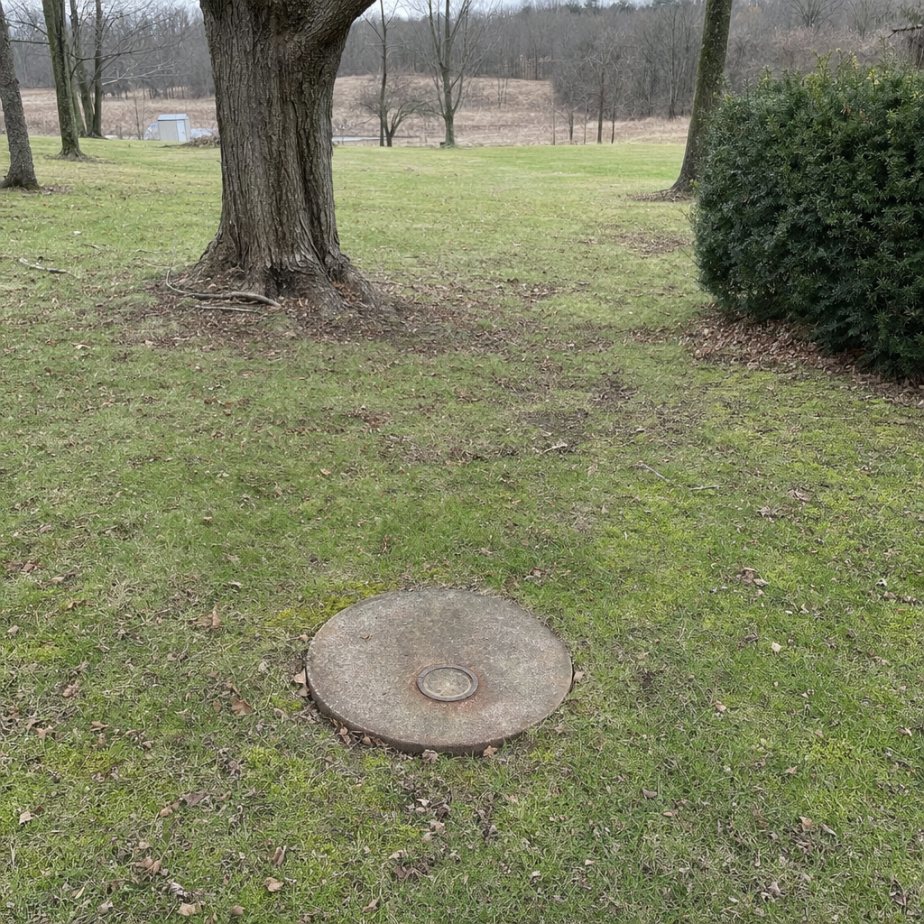 An older round cesspool access lid set flush in an established, mature Huntington Beach backyard lawn