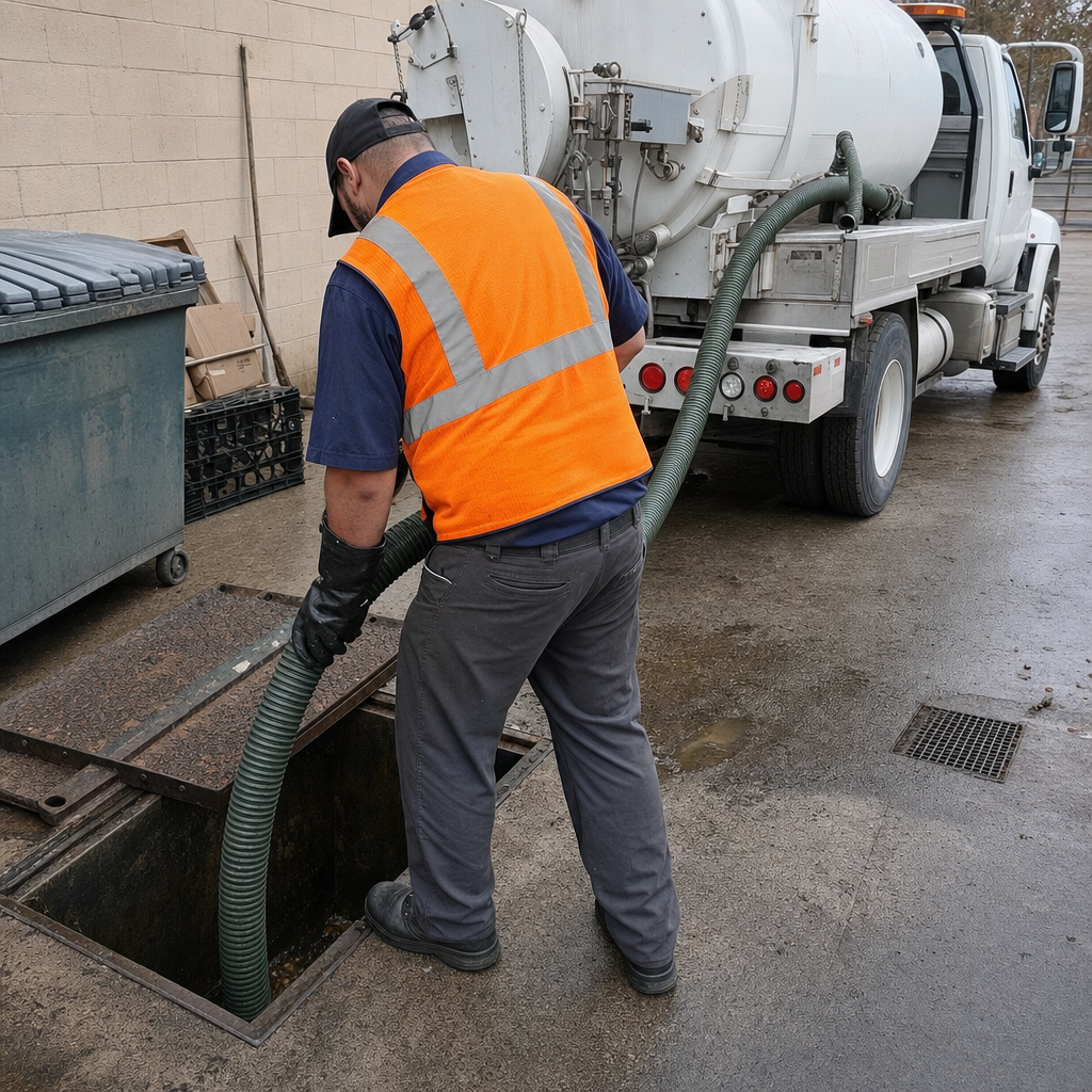 Technician pumping a grease trap behind a Huntington Beach restaurant