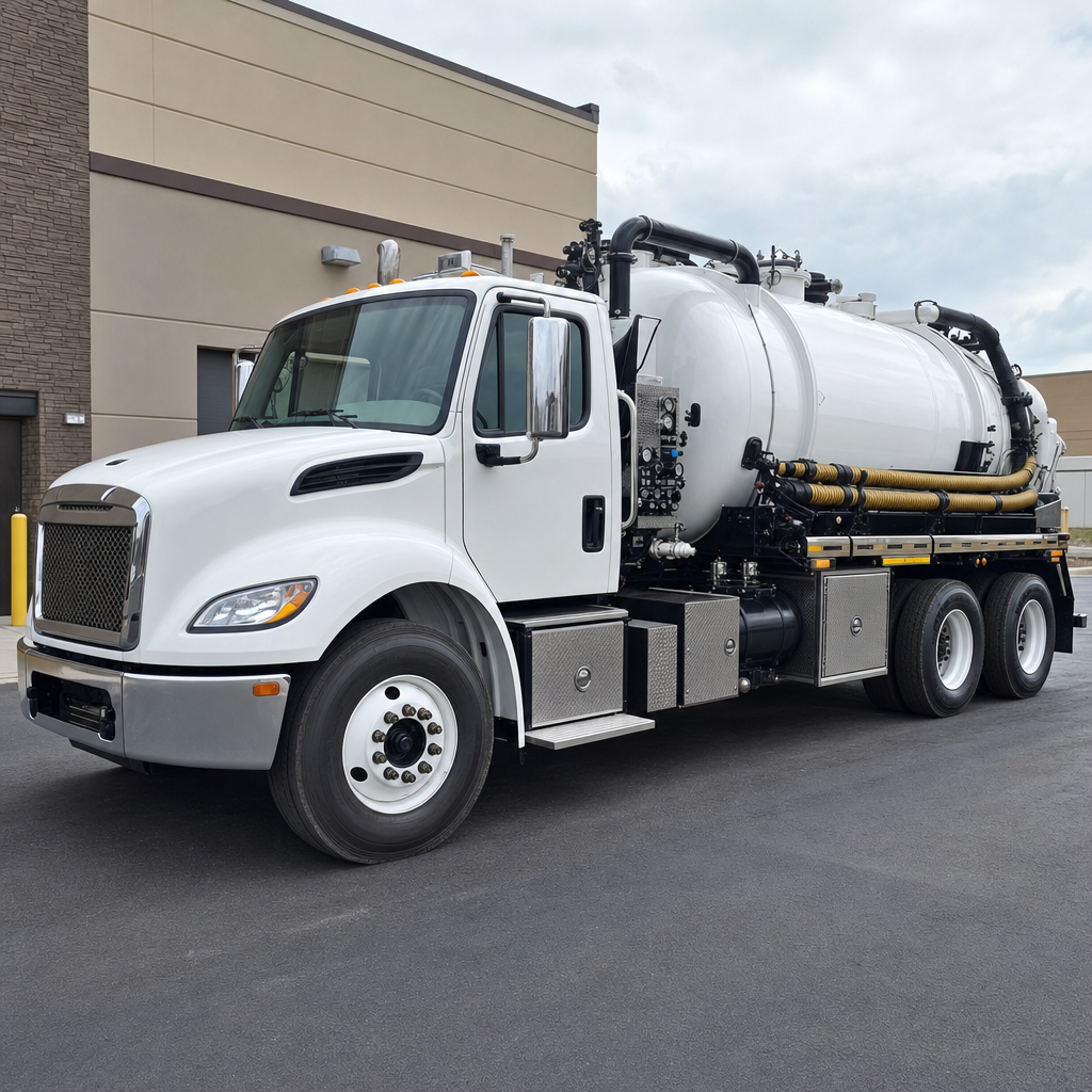 Commercial septic vacuum truck parked in a Huntington Beach business parking lot