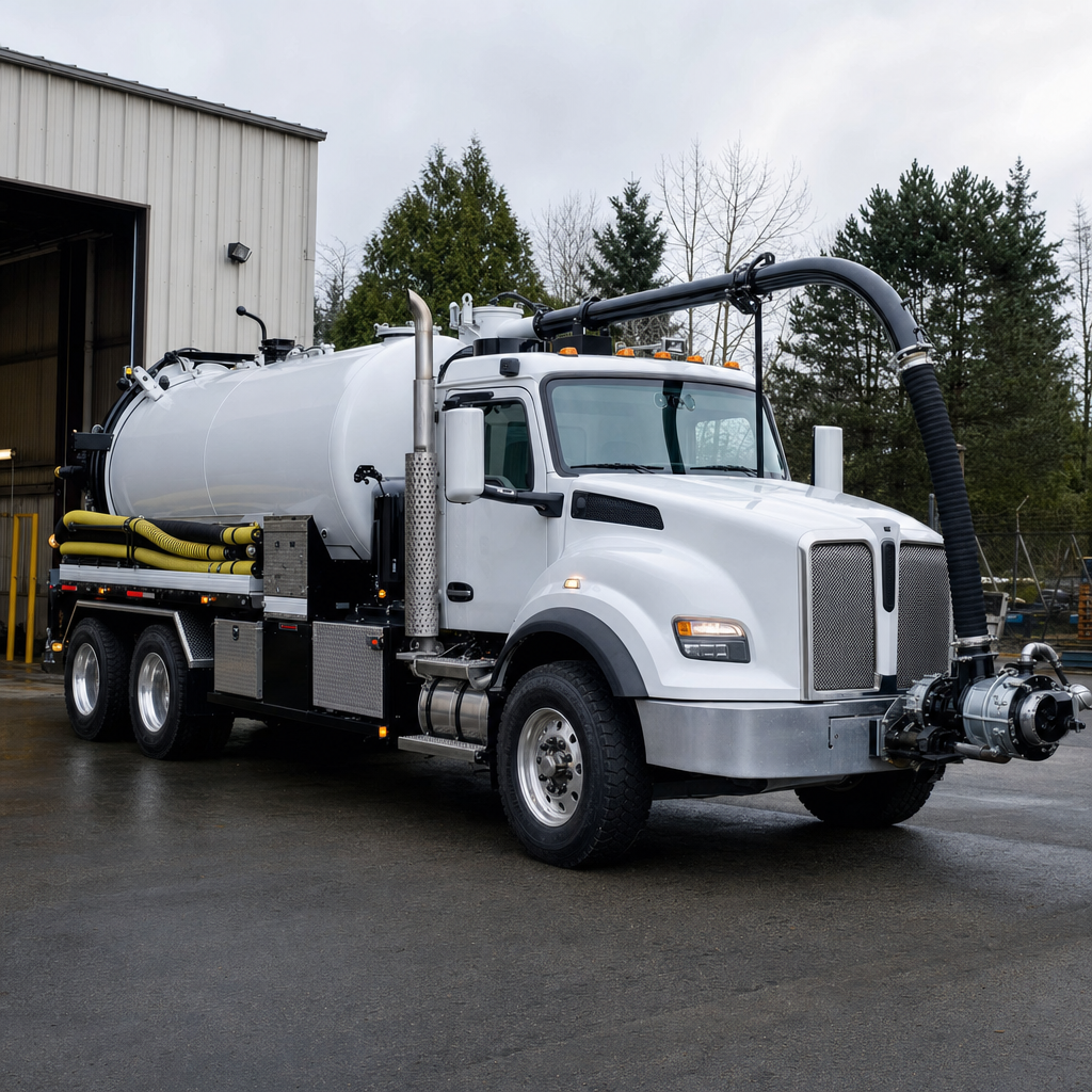 A clean white septic vacuum truck rolling out of a tidy Huntington Beach service depot at the start of the day