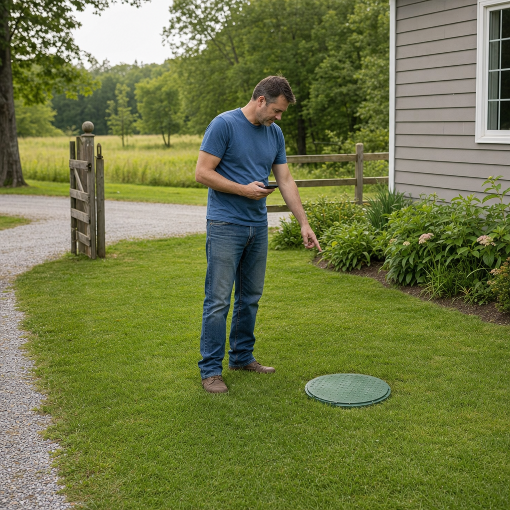 A Huntington Beach-area homeowner standing in the backyard noting where the septic tank lid and access route are located