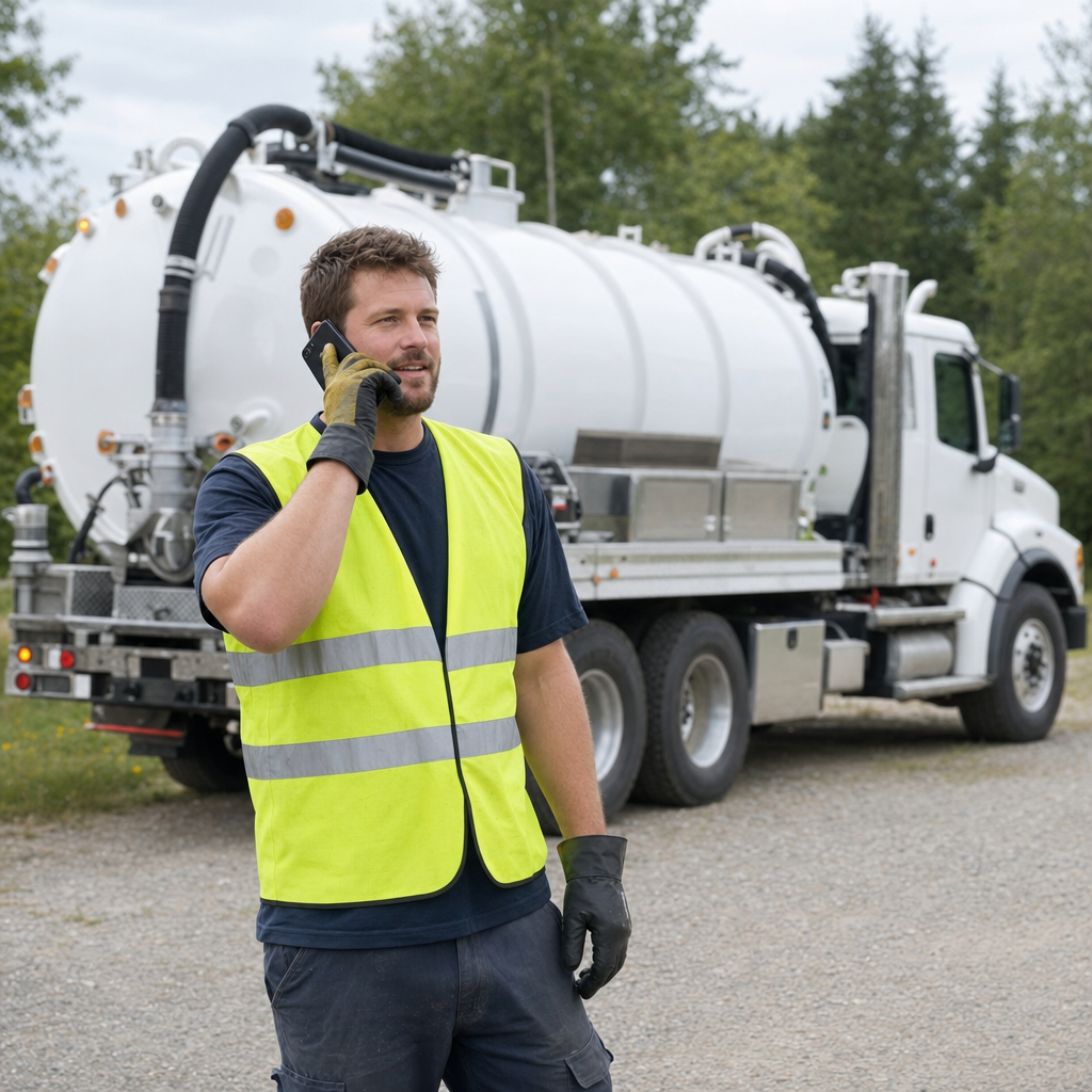 A friendly septic dispatcher holding a phone, ready to answer a Huntington Beach homeowner's call about a pump-out