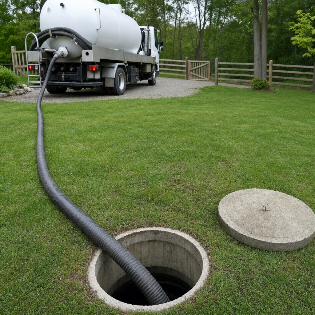 Suction hose connected to an open septic tank, drawing it down in a tidy Huntington Beach yard