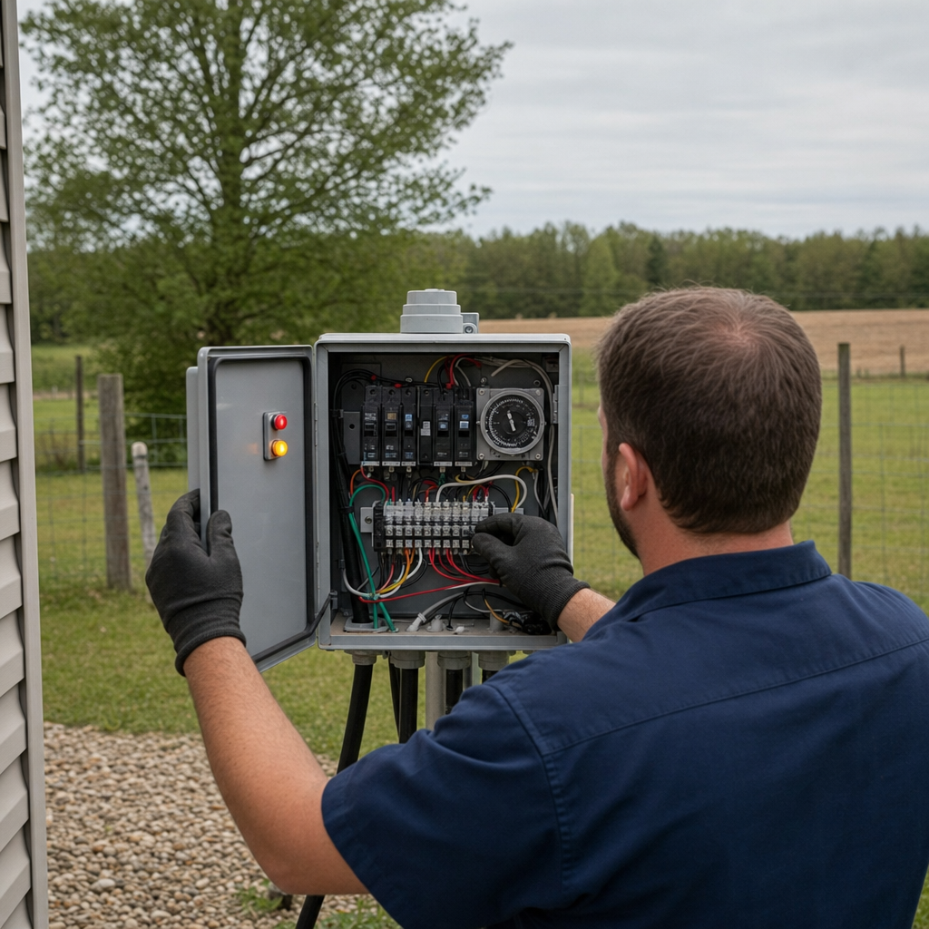 Technician checking an aerobic septic control box with a lit red high-water alarm during a same-day Huntington Beach visit