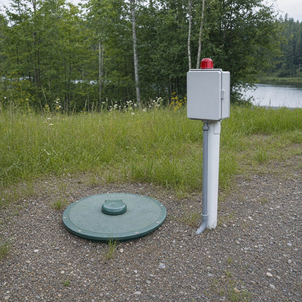 A wastewater holding tank access lid set in the ground at a rural Huntington Beach-area cabin, with a mounted high-level float alarm panel nearby