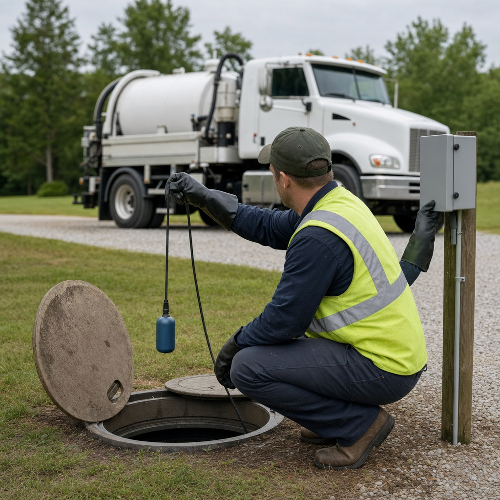 A septic technician in a high-visibility vest checking a high-level float switch and alarm panel on a holding tank at a rural Huntington Beach-area site