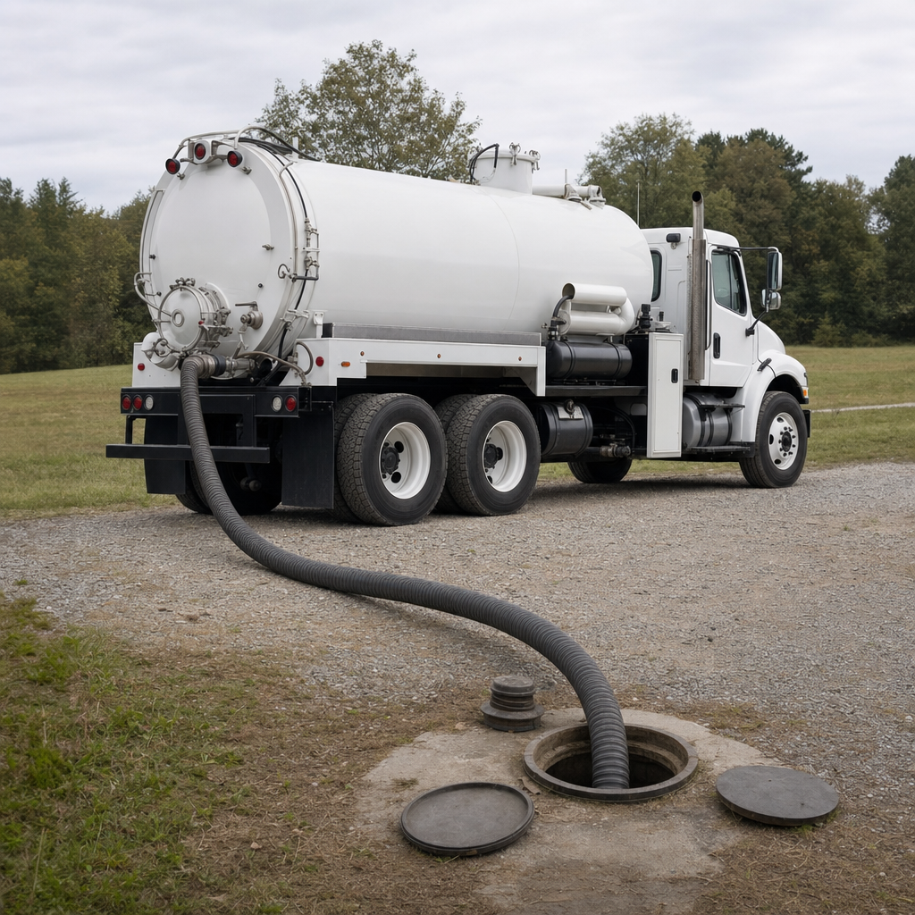 An unmarked white vacuum truck emptying a wastewater holding tank on a scheduled visit at a rural Huntington Beach-area property, thick suction hose running to the tank lid