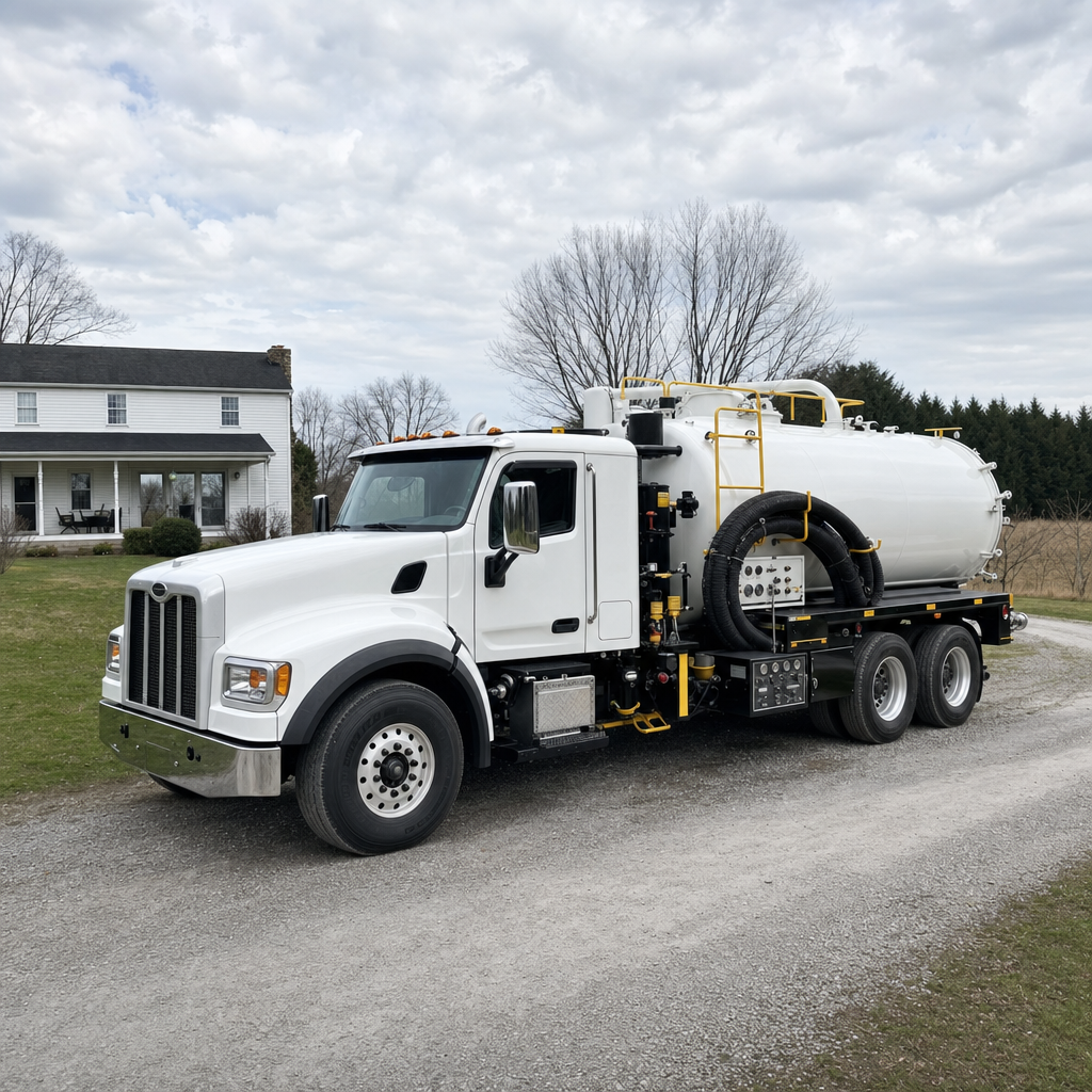 A clean white septic vacuum truck parked on a tidy Huntington Beach driveway with the suction hose neatly coiled