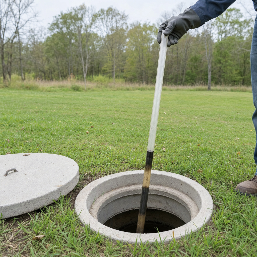 A septic sludge-judge measuring stick lowered into an open Huntington Beach septic tank to read the depth of the sludge and scum layers before deciding whether a pump-out is due