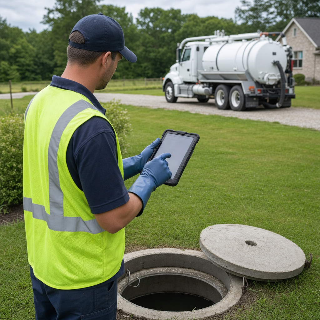 A septic technician recording a Huntington Beach home's pump-out date and tank condition on a tablet beside an open access lid, tracking the service history that sets the next due date