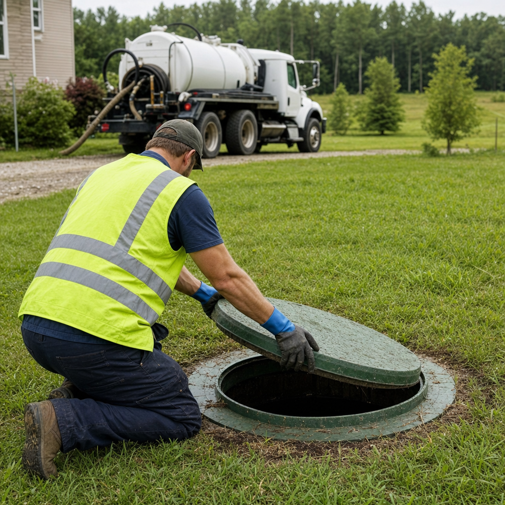 Septic technician kneeling on a Huntington Beach lawn, lifting the access lid on a residential septic tank