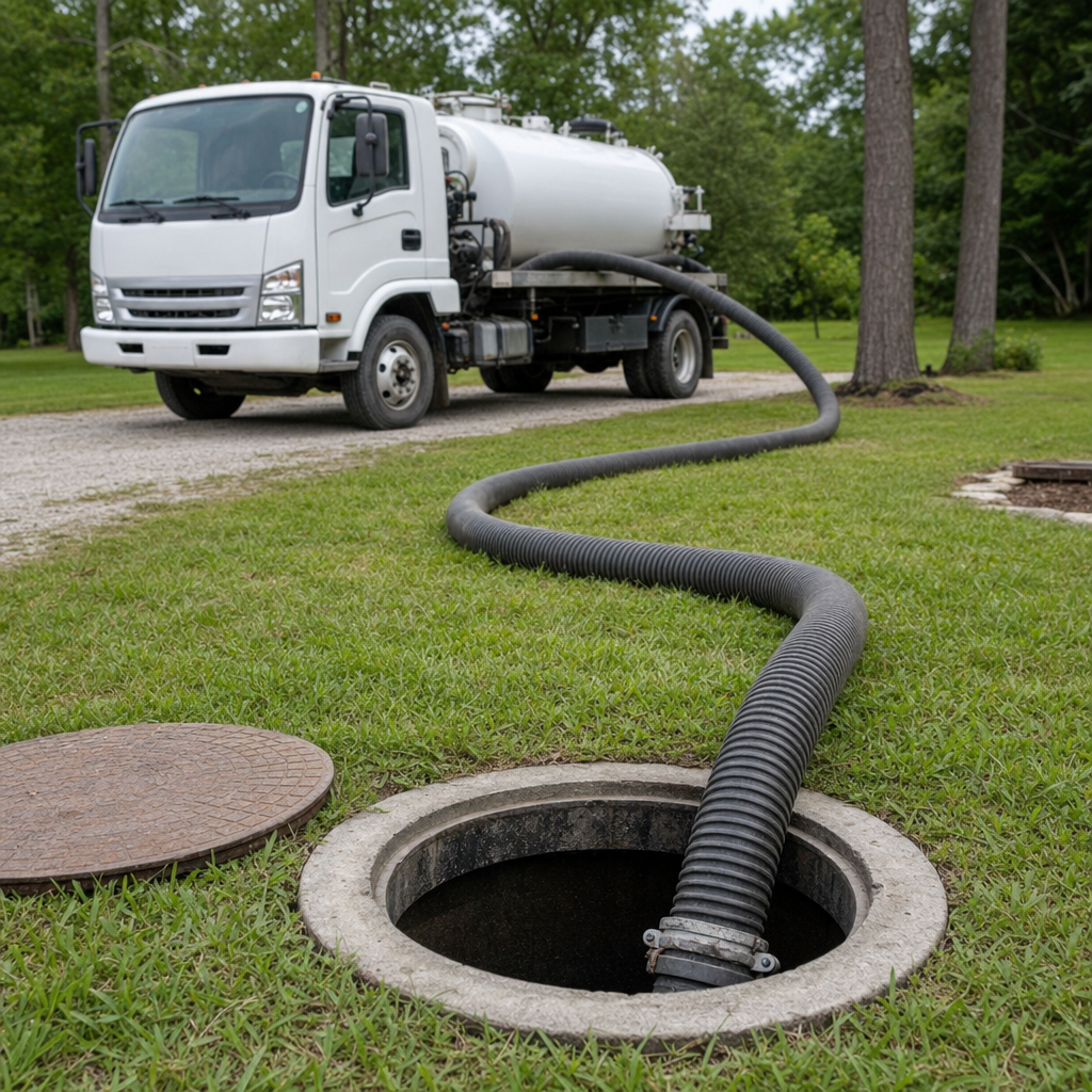 Thick ribbed suction hose lowered into a clean open septic tank port on a tidy Huntington Beach backyard lawn