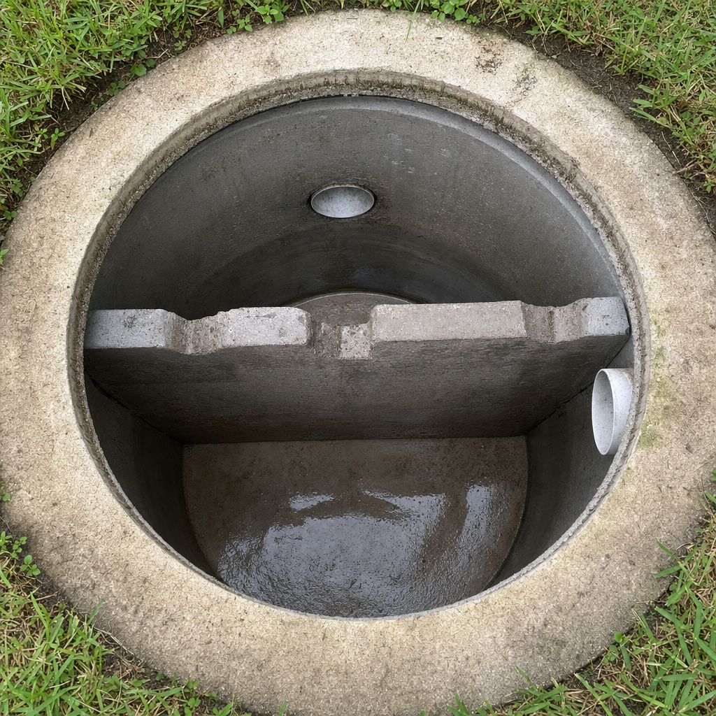 Clean, freshly rinsed residential septic tank interior after a complete pump-out, empty concrete walls and baffles visible