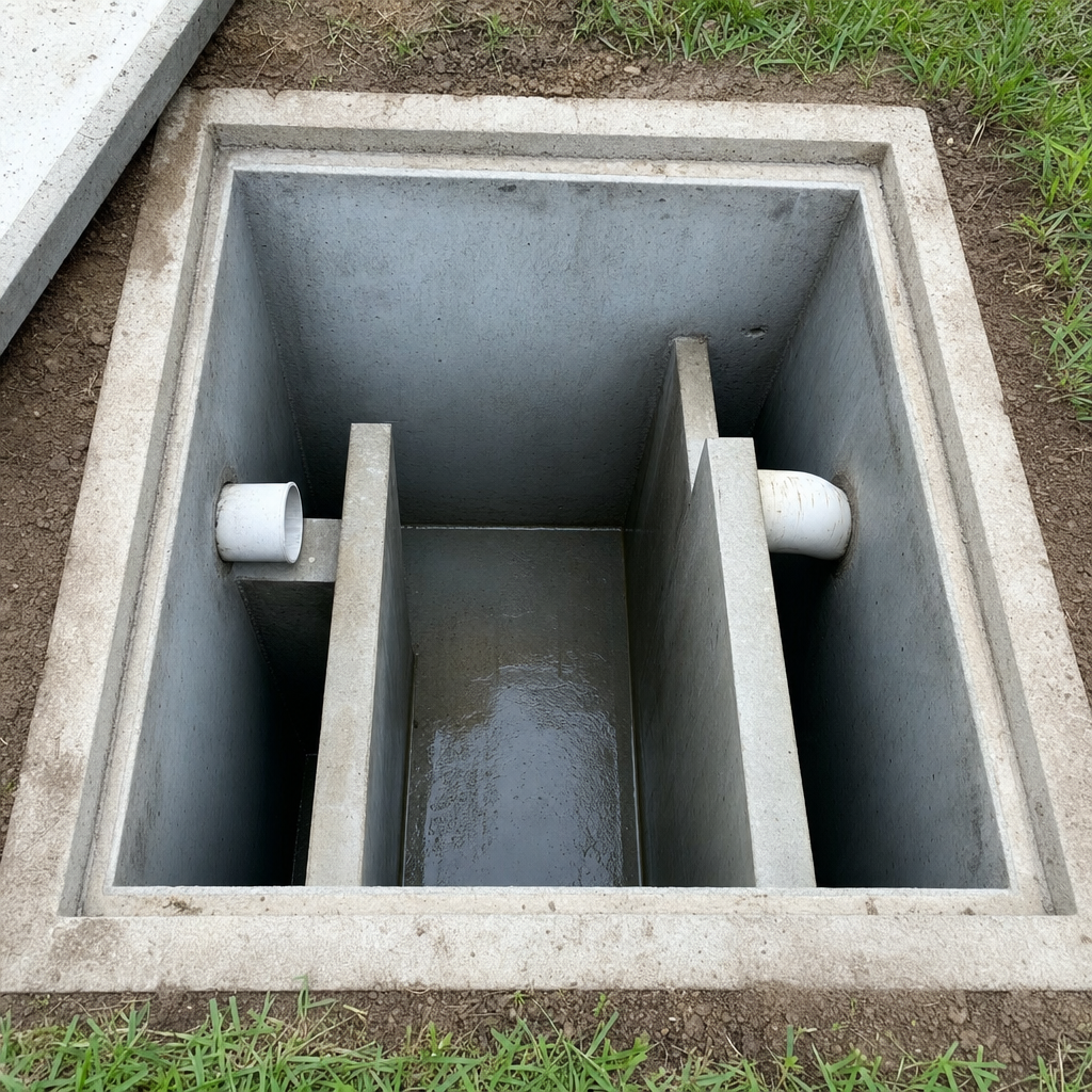 Inspection of the concrete baffles inside an open, emptied and freshly cleaned Huntington Beach septic tank