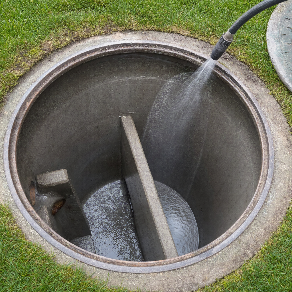 Interior concrete walls of an emptied Huntington Beach septic tank being rinsed clean with the truck's onboard water hose