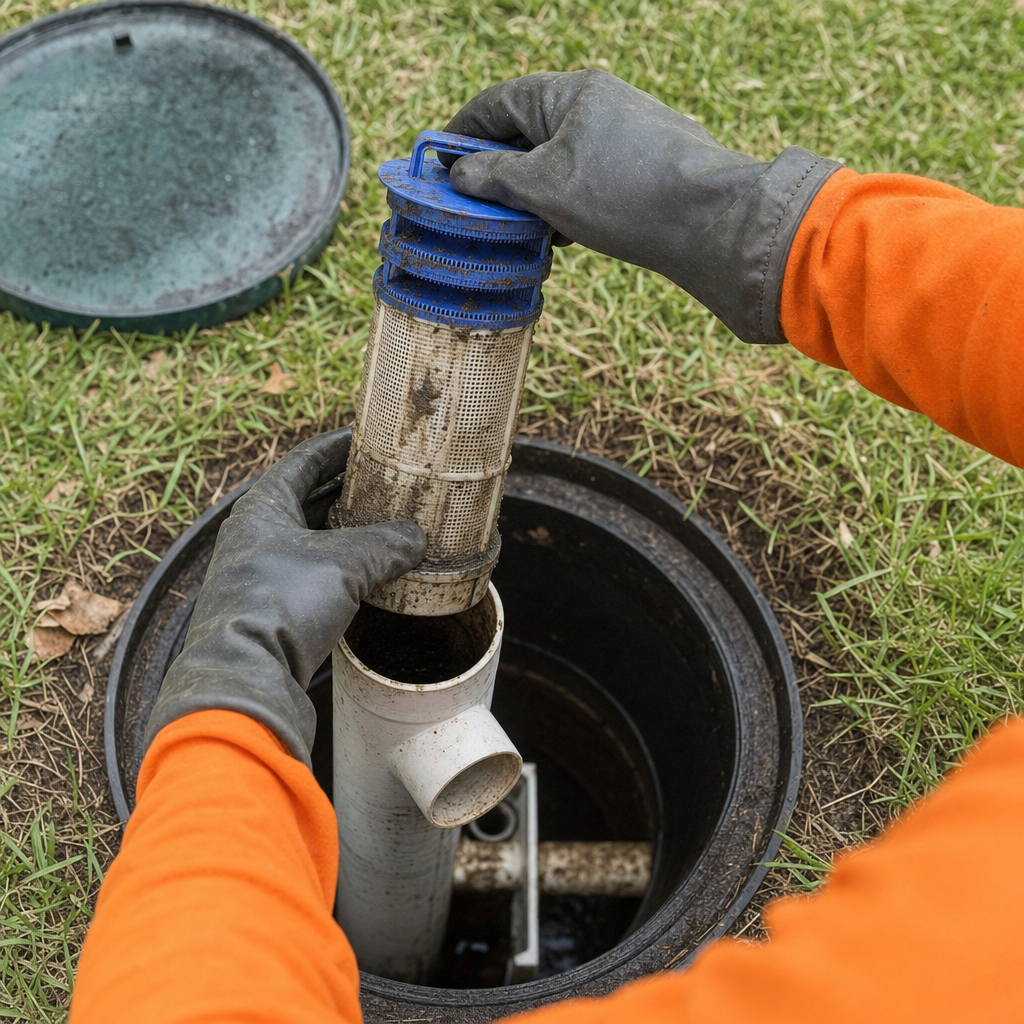 Septic technician's gloved hands lifting the effluent filter cartridge out of the outlet housing on a Huntington Beach septic tank