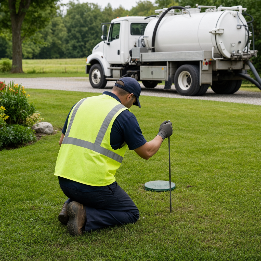 Septic technician kneeling on a Huntington Beach lawn, probing to locate and measure the depth of a buried septic tank lid before pumping