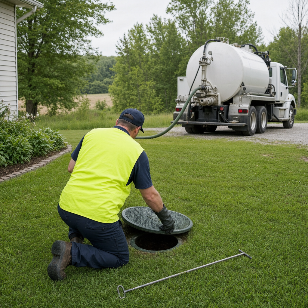 Septic technician kneeling on a Huntington Beach lawn, lifting the buried access lid on a residential septic tank