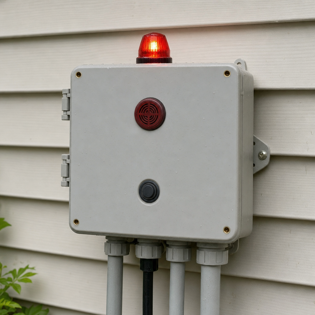 An aerobic septic system control panel mounted outside a Huntington Beach home with its red high-water alarm light lit