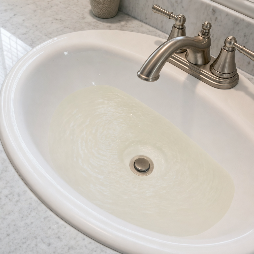 A bathroom sink draining slowly with water pooled in the basin, an early warning sign that a Huntington Beach septic tank is full